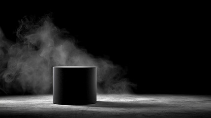 Black cylindrical pedestal in a foggy dark room in monochrome. Suitable for mysterious design concepts or product showcasing.