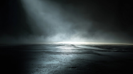 Dark empty stage with mist and light, ideal for dramatic, mysterious, or eerie background for theater, concerts, or events.