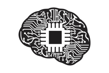 Black Brain Circuit Board on White Background Technology Abstract Design