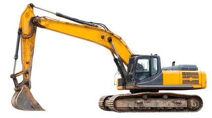 Heavy construction excavator on white isolated background, showcasing its sleek design and powerful digging capabilities.