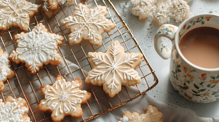 Fototapeta premium Snowflake cookies on cooling rack with cup of coffee and decorations 