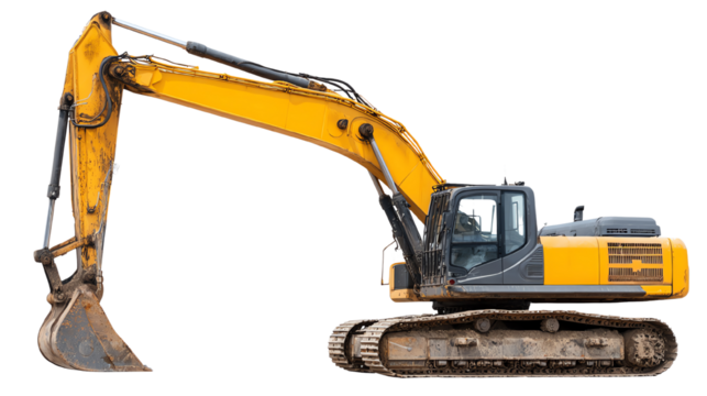 Heavy construction excavator on white isolated background, showcasing its sleek design and powerful digging capabilities.