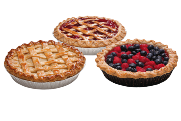 Three delicious fruit pies with varied fillings on a white isolated background.