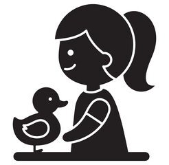 Obraz premium A black and white illustration of a girl and a duck representing childhood happiness and fun