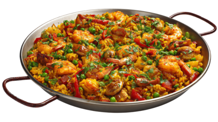 Vibrant seafood paella in a pan featuring shrimp, vegetables, and saffron rice, ideal for culinary visuals.