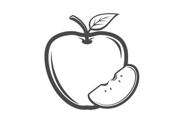 Gray Apple with Bite Slice Line Art on White Background Fruit