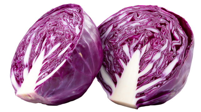 Whole red cabbage cut in half, showcasing fresh and vibrant purple layers, isolated on a white background.
