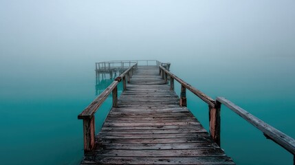 Obraz premium Misty Lake Pier Extends into Foggy Distance