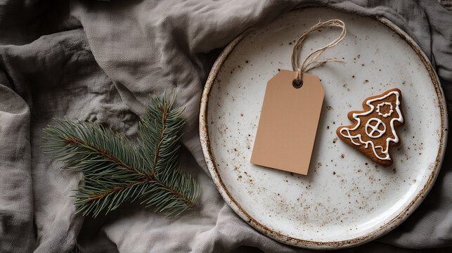 Gingerbread Christmas tree cookie on plate with gift tag and pine branch  