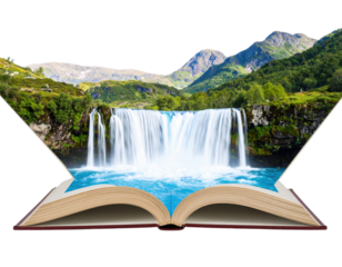 An open book with a waterfall and mountainous landscape emerging from its pages, creating a blend of literature and nature.