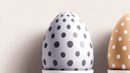 Decorative polka-dotted eggs displayed in minimalist holders against a soft background