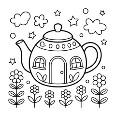 Cute Teapot Garden Coloring Page – Cute & Cozy Coloring Book for Relaxation and Creativity. Easy, line art vector illustration, Coloring Pages for Kids & Adults 