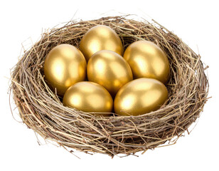 Obraz premium A nest containing six shiny golden eggs.