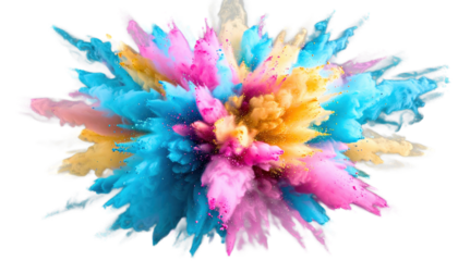 Asymmetrical burst of powder in pink-yellow and cyan shades, detailed macro shot, transparent background, freeze-frame effect.