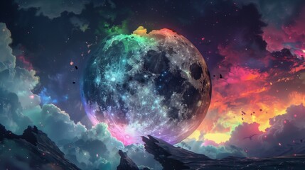 Obraz premium Lunar Rhapsody A Moon Bathed in the Hues of Cosmic Dawn