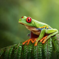 Obraz premium Red-eyed tree frog perched on fern in rainforest