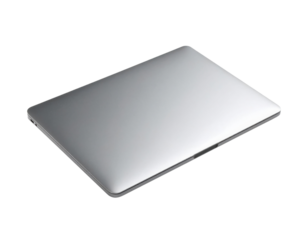 A sleek, silver laptop with a minimalist design, featuring a smooth surface and rounded edges.