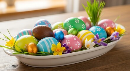 Fototapeta premium Festive easter celebration: A vibrant assortment of decorated eggs in a ceramic bowl
