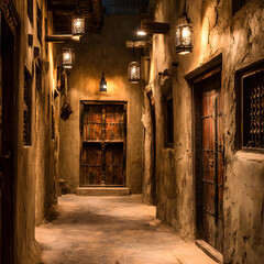 Fototapeta premium A narrow alleyway with textured walls and wooden doors is illuminated by hanging lanterns, creating a warm, inviting atmosphere. The stone floor leads towards the end.