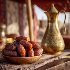 A wooden bowl filled with dates sits on a table, next to a brass pitcher. The background shows Middle Eastern tent with sunlight.