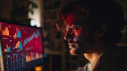 A man wearing glasses intently observes a computer screen displaying financial data visualizations illuminated by red and orange light.
