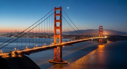 Fototapeta premium Golden Gate Bridge splendor captured at twilight, revealing vibrant city skyline