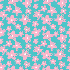 Seamless vector pattern with hand drawn pink crayon flowers on a green background. Playful, childlike floral design for kid’s products, fabric, and stationery