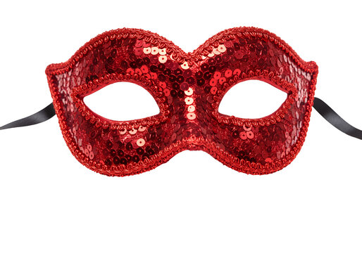Elegant red sequin masquerade mask with black ribbons for costume parties and events