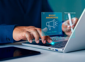 Boost Brand Awareness, Digital Marketing Funnel concept, Top stage of digital marketing funnel, representing brand reach, online visibility, and ad impressions, Businessman shown boost brand awareness