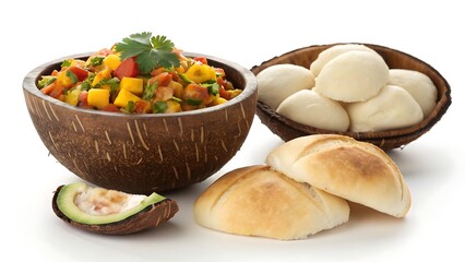 Delicious tropical food presentation with coconut bowl and fresh bread