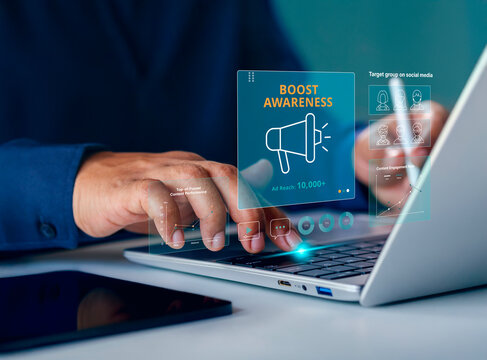 Boost Brand Awareness, Digital Marketing Funnel concept, Top stage of digital marketing funnel, representing brand reach, online visibility, and ad impressions, Businessman shown boost brand awareness