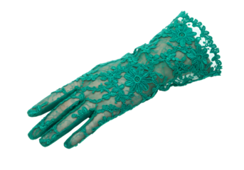 Elegant teal lace glove with intricate floral and scalloped design suitable for fashion or costume