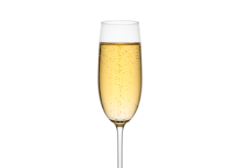Elegant transparent champagne flute filled with sparkling golden bubbly beverage on black background