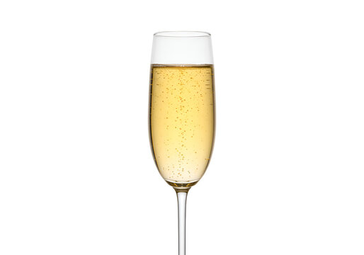 Elegant transparent champagne flute filled with sparkling golden bubbly beverage on black background