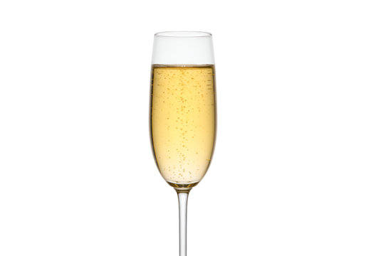 Elegant transparent champagne flute filled with sparkling golden bubbly beverage on black background