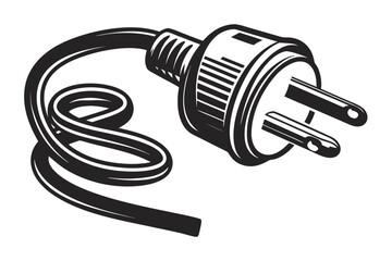 Electric Plug with Cord in Black and White on White Background