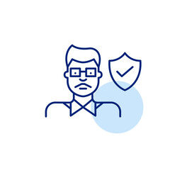 Verified user, trusted profile, secure account, approved identity, protected personal data. Male Indian user, shield and checkmark. Pixel perfect, editable stroke vector icon