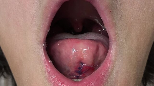 Sutures on the frenulum of the tongue after frenulotomy. Surgical plastic surgery of the tongue. A short frenulum of the tongue.