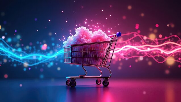 Shopping cart filled with a cloud-like substance in neon lighting.