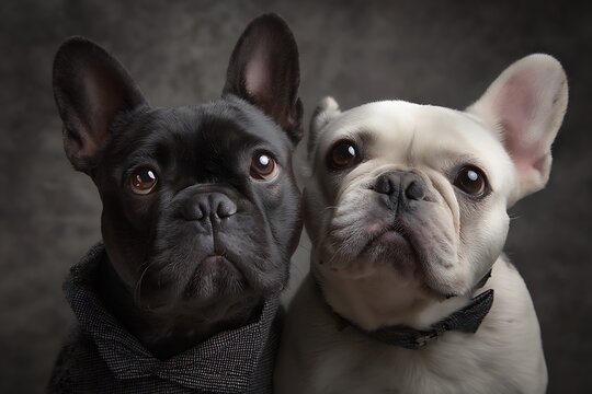 Playful French bulldog photobombing serious photo shoot with grin  
