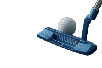 Close-up of a golf putter head with a ball