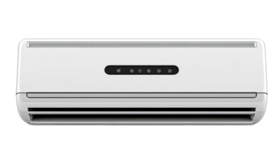 Front view of a modern, white air conditioner unit.  A sleek, rectangular appliance with a smooth, light gray control panel