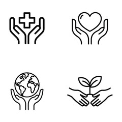 A charity and donation icons set with line art silhouette