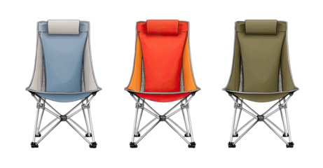 Three folding camping chairs in gray, orange, and olive green