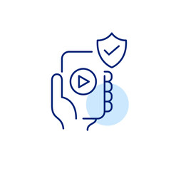 Secure media playback. Protected audio/video, certified streaming. Phone, playback button, shield and checkmark. Pixel perfect, editable stroke vector icon