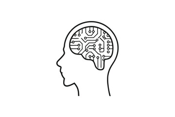 Human Head Outline with Circuit Board Brain Design on White Background Concept