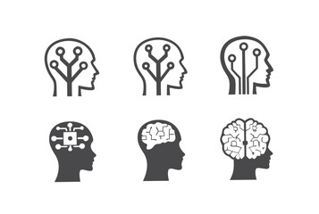 Conceptual AI Human Head Silhouettes Showing Circuit Connections on White Background