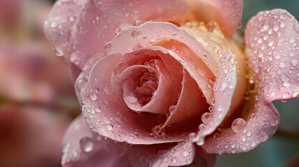 Delicate pink rose with water droplets, close-up, soft background.  Possible use Greeting card, wedding invitation