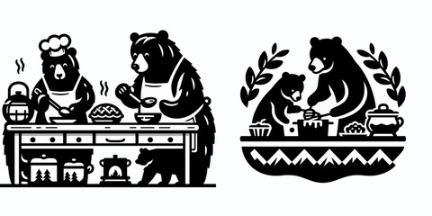 Bears baking pies kitchen. Cartoon Animal Clipart Silhouette Vector Illustration Line Art Illustration. Furry creation fruit tart home cookery.
