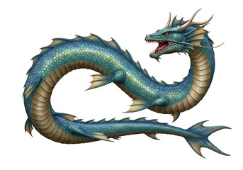 Fototapeta premium fantasy aquatic dragon with detailed blue and gold scales and menacing expression against black